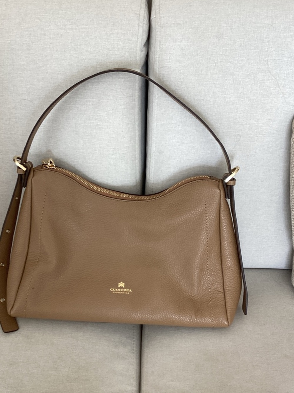 Cuoieria Tan Pebble Leather Shoulder Bag with Gold Hardware